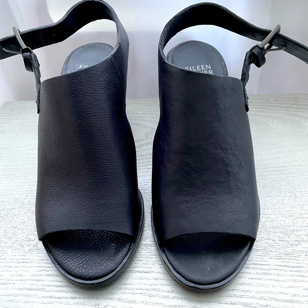 Eileen Fisher Glance Leather Open Toe Black Sandal Size 5 NWOT